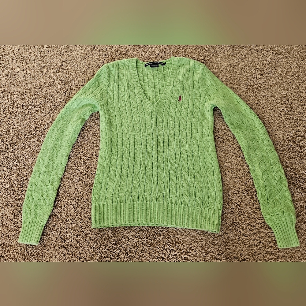 Ralph Lauren Lime Green Cable Knit V-Neck Sweater Womens S